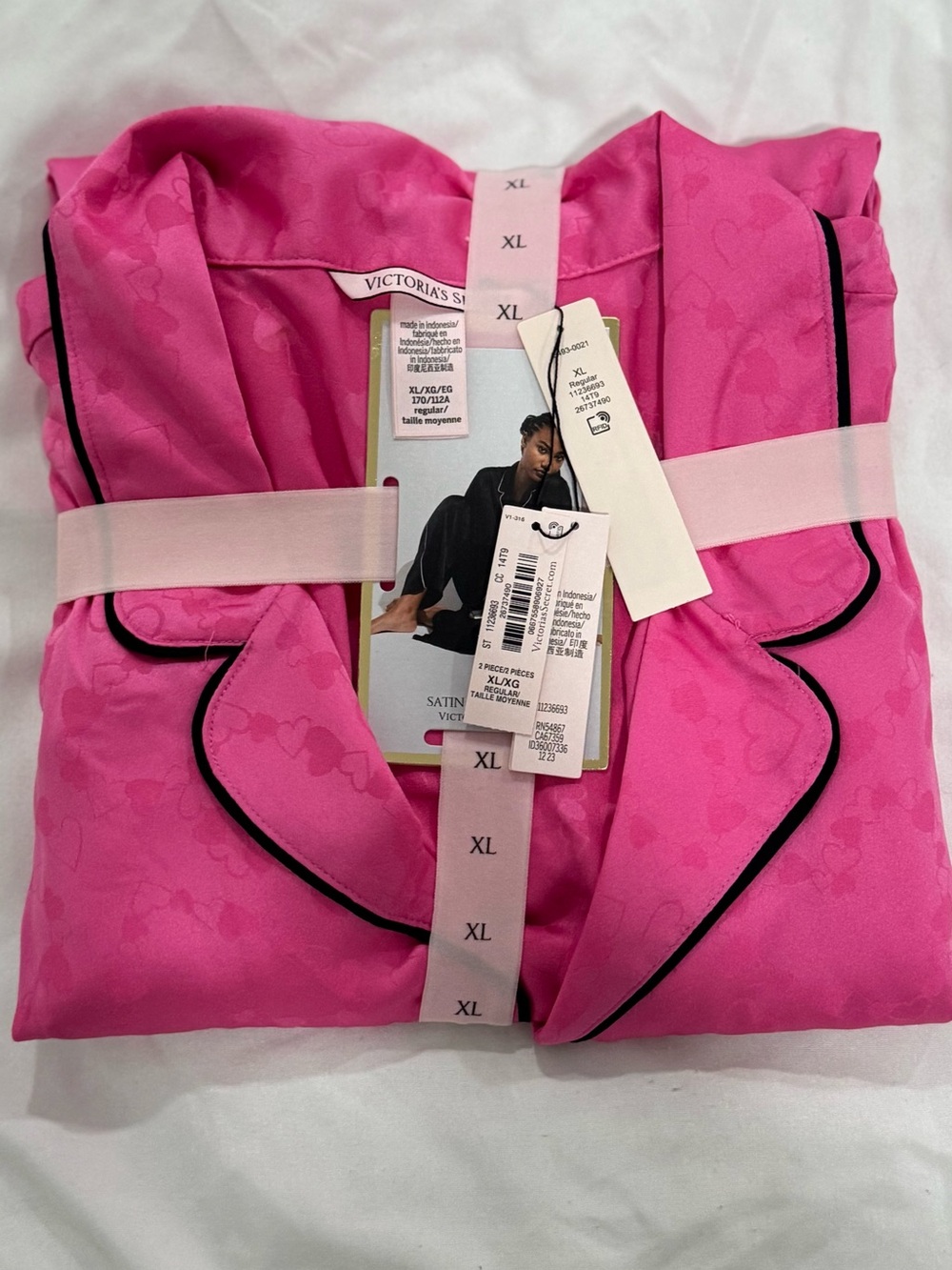 Victoria's Secret Hot Pink Satin Pajama Set with Black Piping